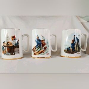 Vintage Norman Rockwell Set Of 3 Collectable Coffee Mugs.